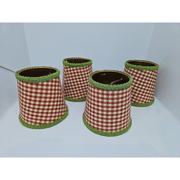 VTG 4 French Country Gingham Red/Green Clip-On Chandelier Lampshades Grannycore - Picture 3 of 15
